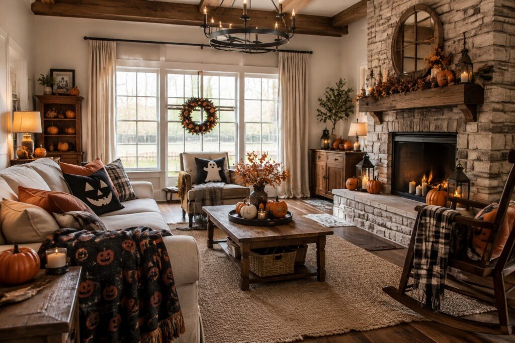 Living room mantel decorated with orange and black garland, small pumpkins, black crows, and lanterns above a lit fireplace.