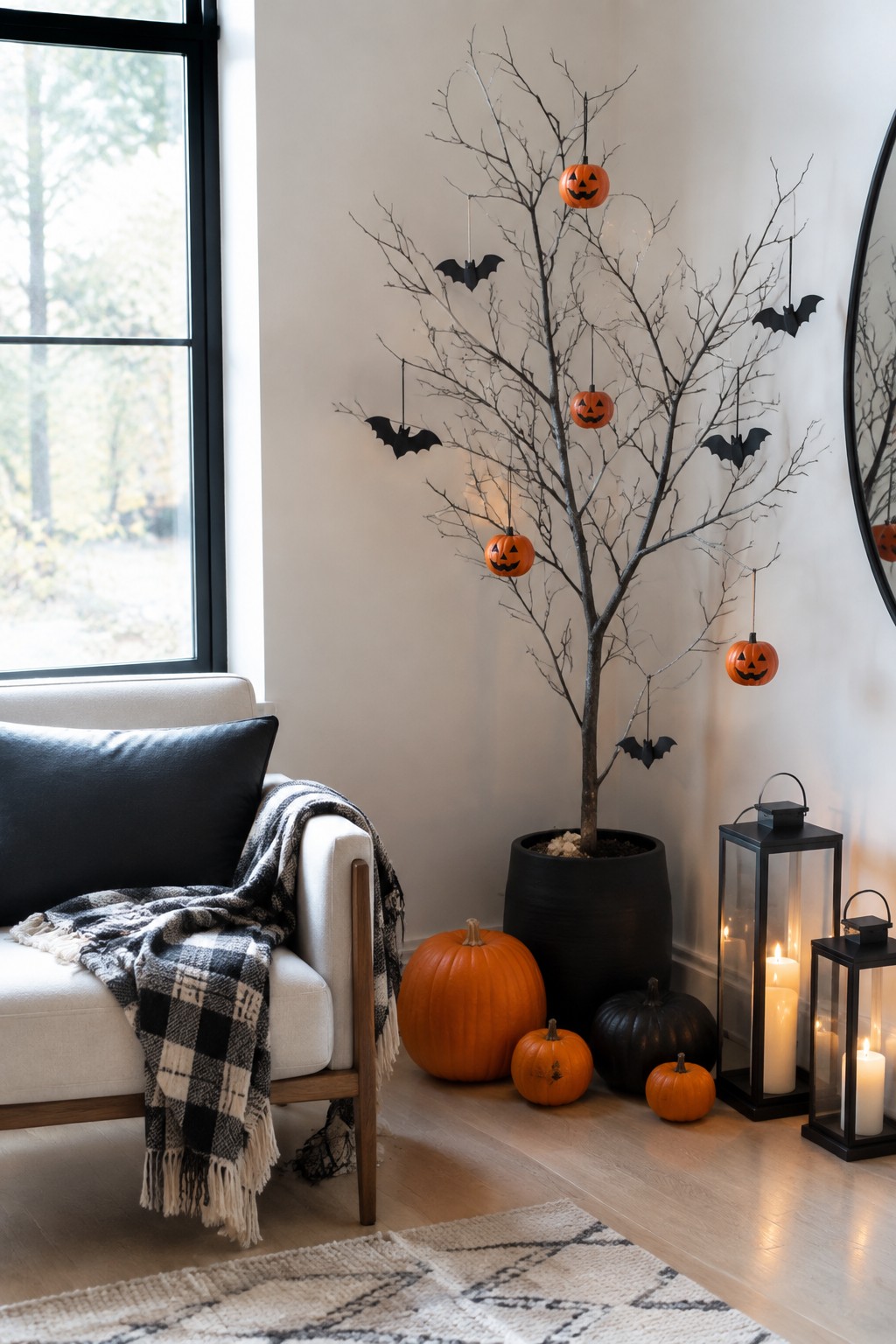 Living room corner with a potted bare branch tree decorated with hanging jack o lanterns and black bats, plus pumpkins and lanterns on the floor.