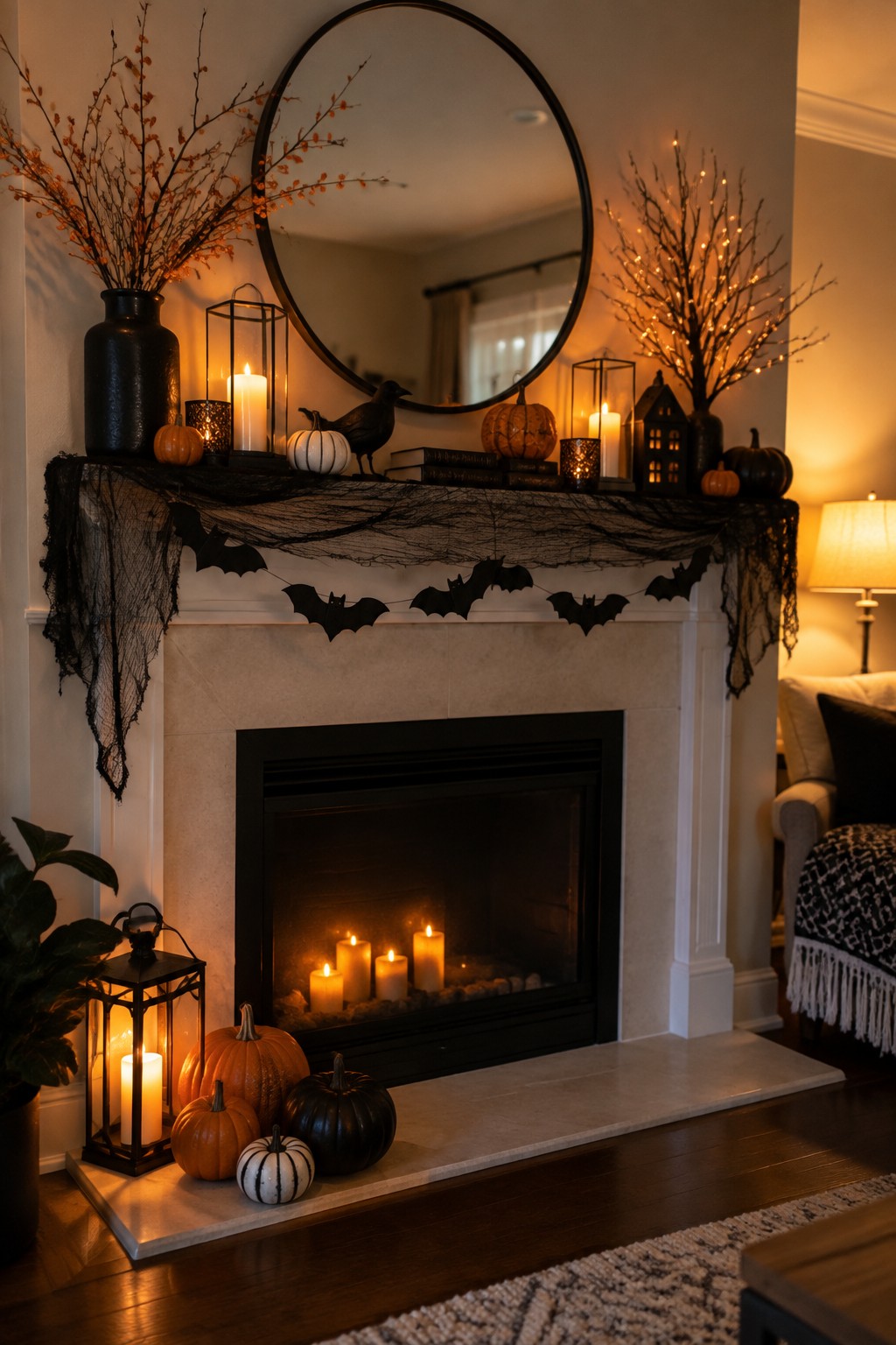 Halloween-decorated fireplace with pumpkins, candles, bats, lanterns, and autumn branches on mantel