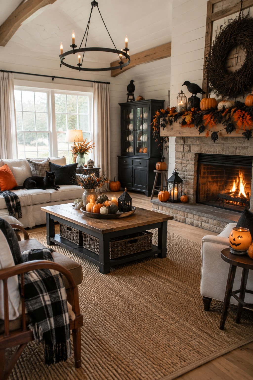 Living room mantel decorated with orange and black garland, small pumpkins, black crows, and lanterns above a lit fireplace.