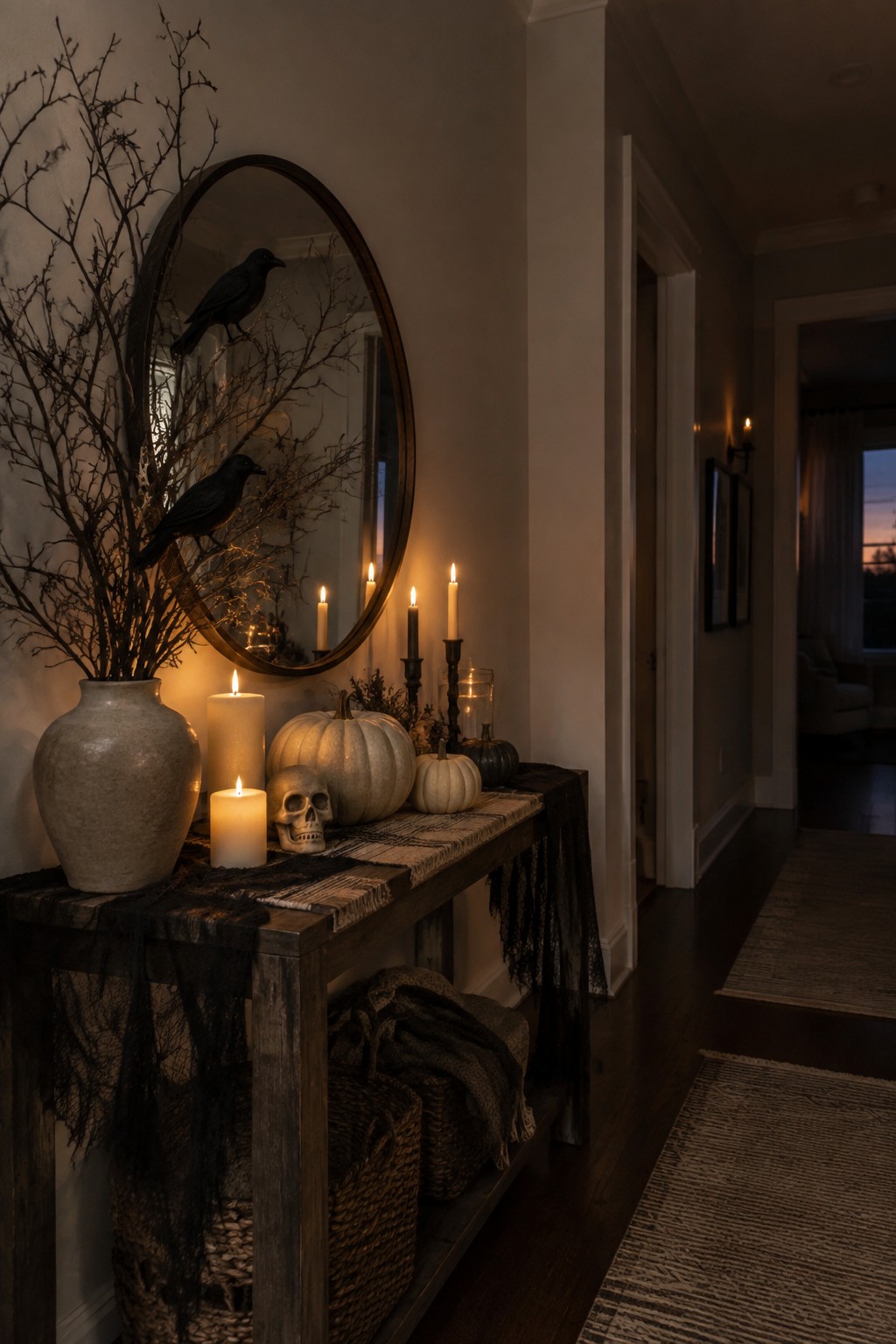 Entryway console table styled with black branches holding crows, a skull, white pumpkins, and lit candles in front of a round mirror.