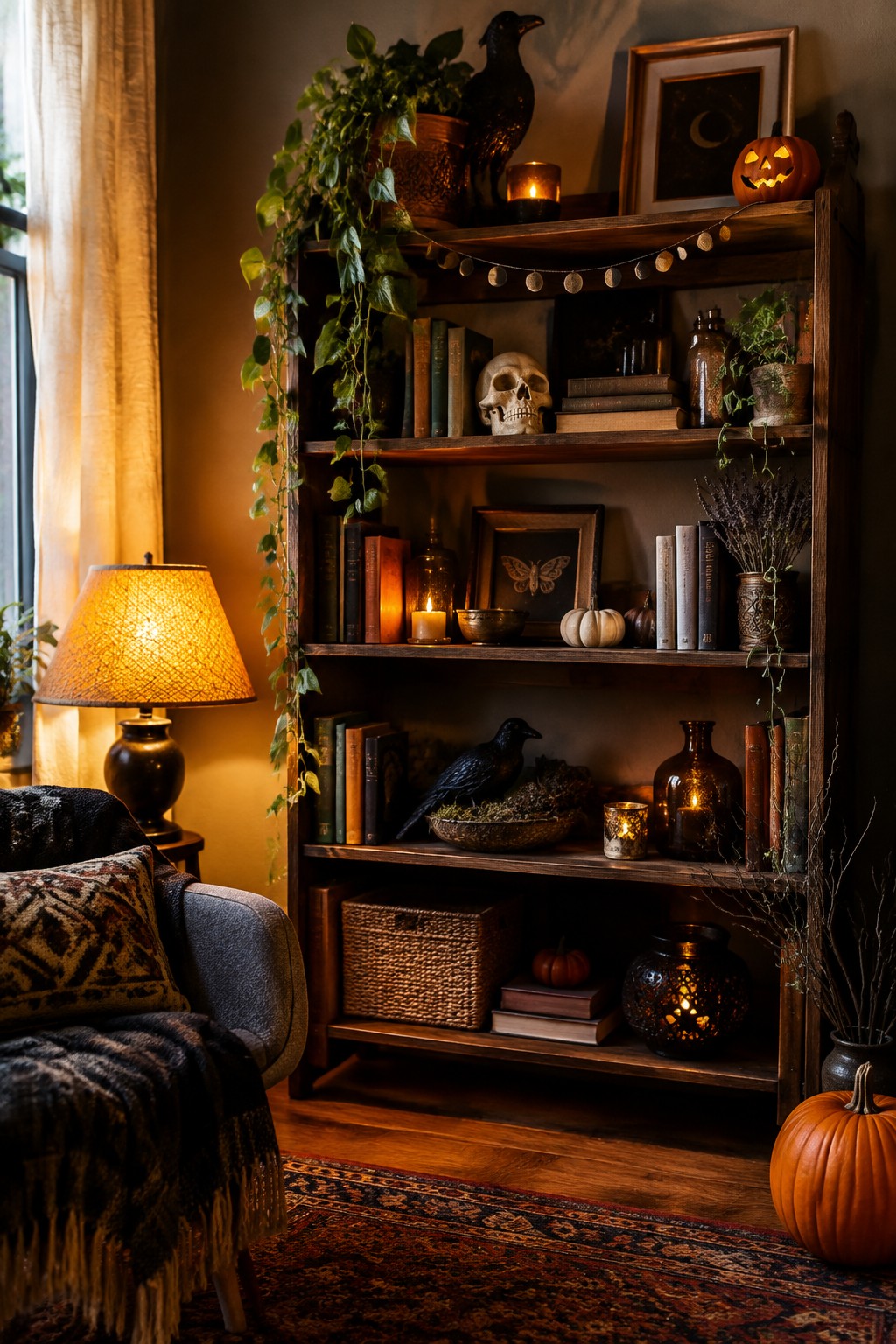 Cozy wooden bookshelf with skull, crows, pumpkins, books, candles, and hanging plants in warm light.