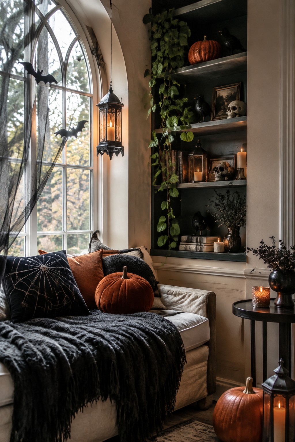 A window seat area next to built-in shelves decorated with skulls, black birds, pumpkins, lanterns, and a spiderweb pillow for Halloween.