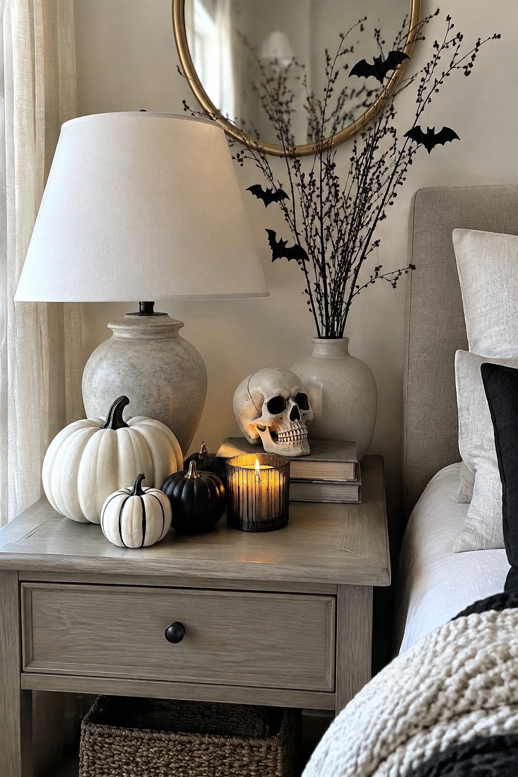 Nightstand in a bedroom with a vase of black branches holding several paper bats, a skull resting on stacked books, small pumpkins, and a lit candle.