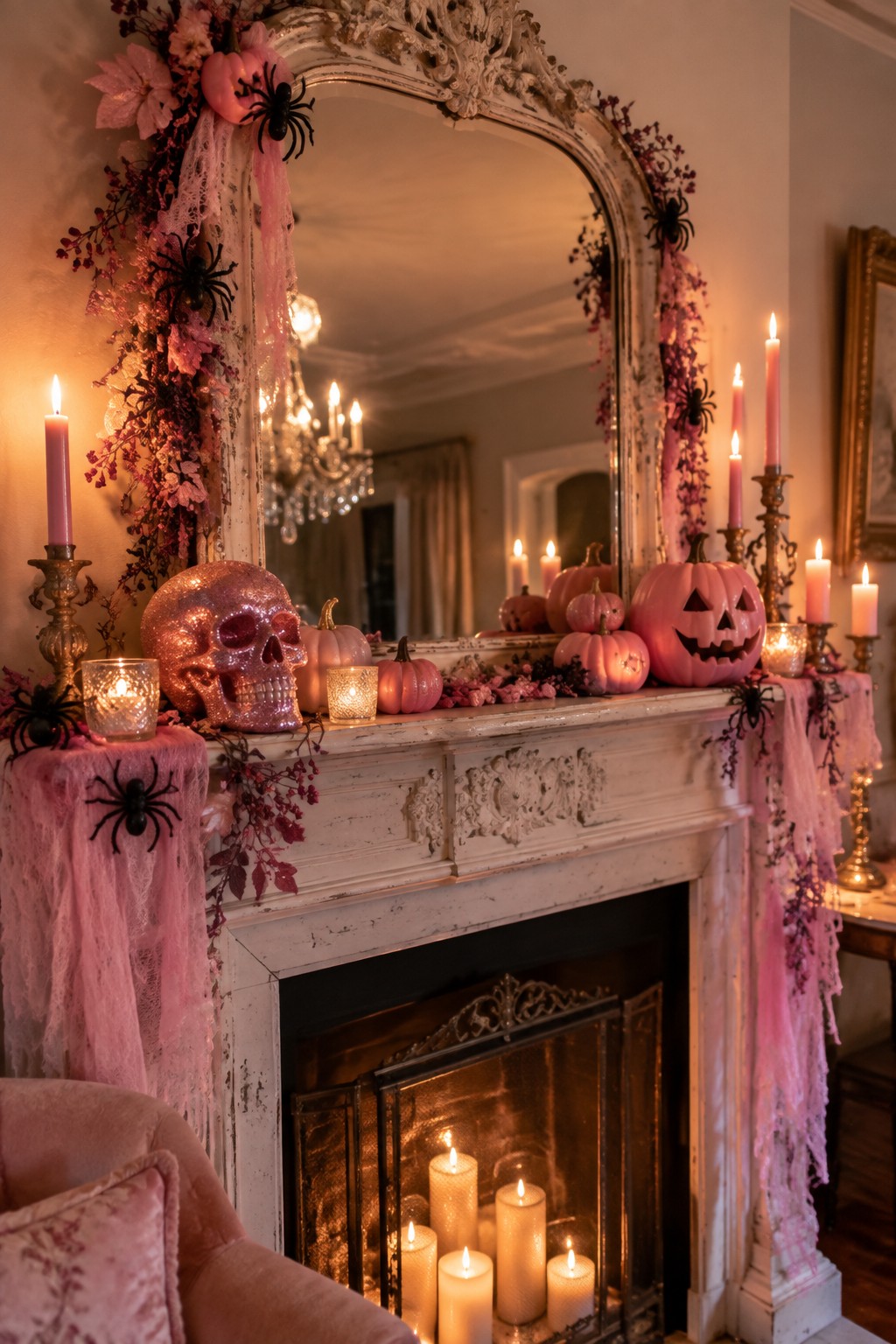 Pink Halloween mantel with glitter skull, pumpkins, spiders, candles and ornate mirror