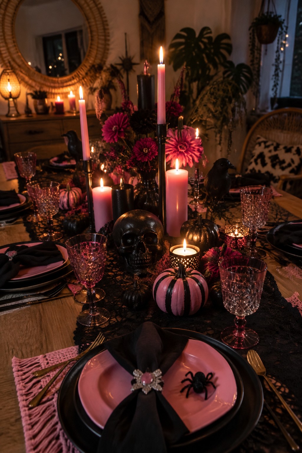 Dark gothic Halloween table with pink-black decor, skull centerpiece, and lit candles.