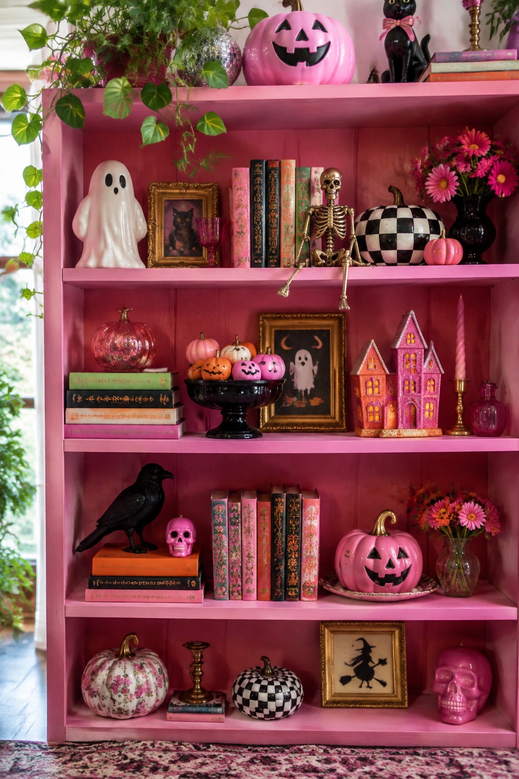 Pink built-in shelves filled with Halloween figurines including a white ghost, a gold skeleton, pink jack o lanterns, and black cat accents.