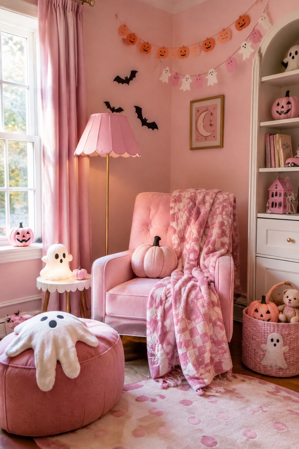 Pink bedroom corner with an armchair, ottoman, and wall garland made of pink pumpkins and white ghosts, plus black bat cutouts.
