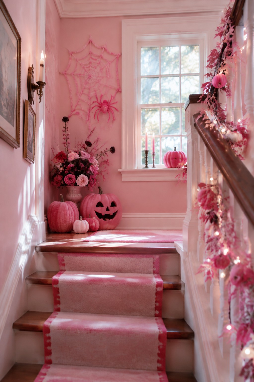 Pink staircase with carved pumpkins, spider web, flowers, and glowing garland.