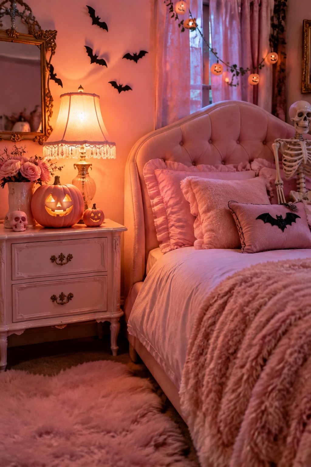 Pink Halloween bedroom with tufted bed, glowing jack-o'-lanterns, skeleton, bat pillows and string lights
