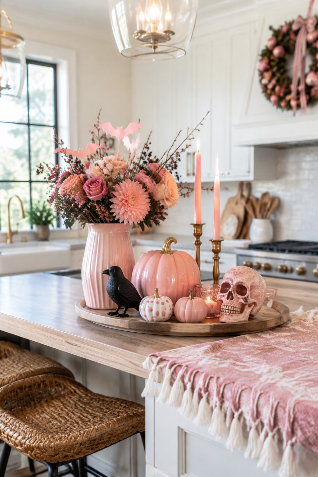 A wooden tray on a kitchen island displays pink pumpkins, a decorative skull, a black crow, and pink taper candles.