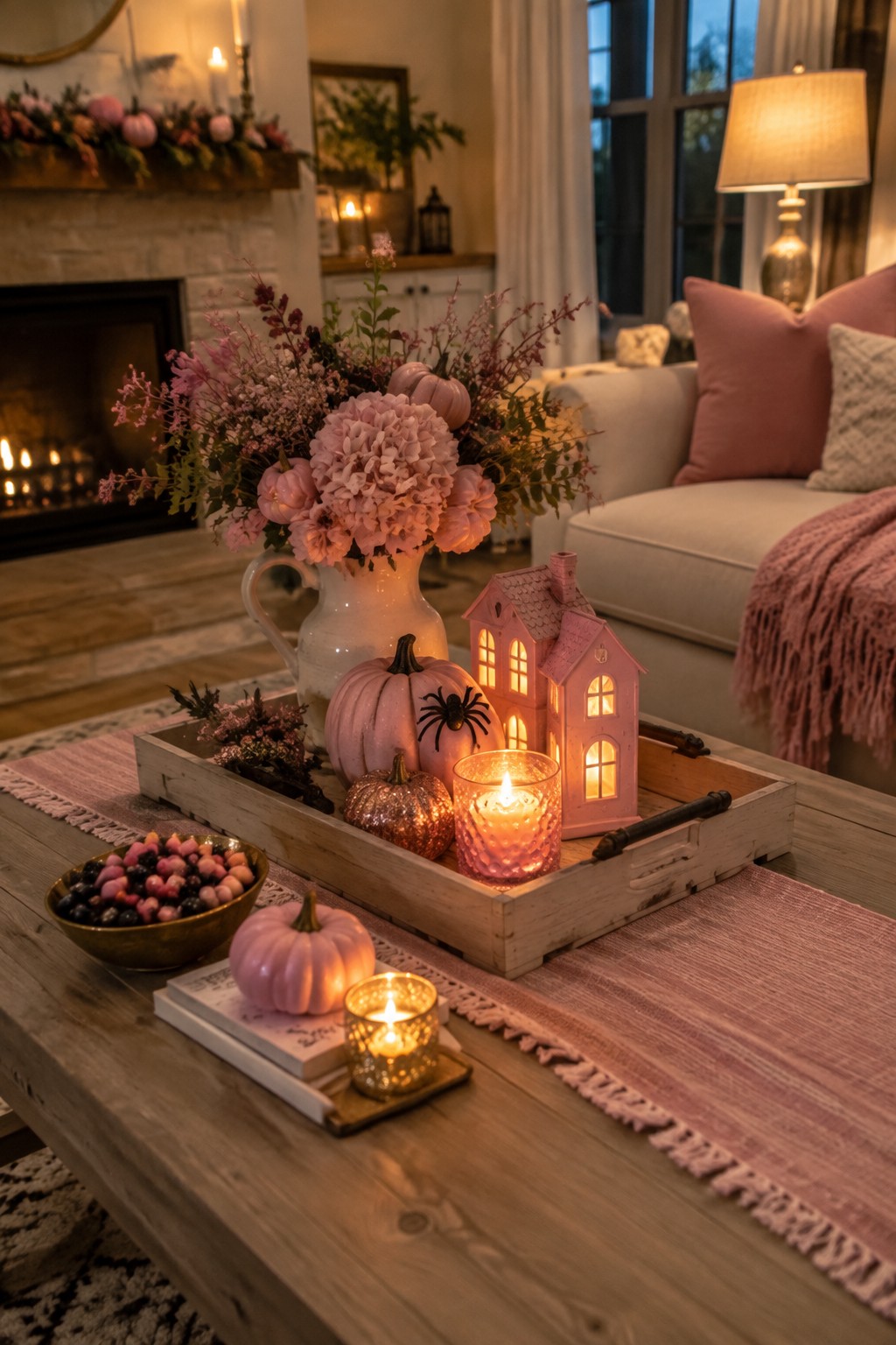 Wooden tray on a coffee table arranged with pink pumpkins, a lit pink ceramic house, a black spider accent, and candles.