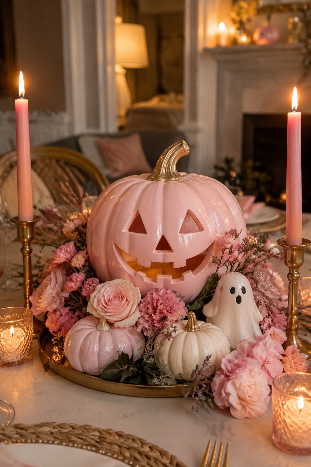 Dining table centerpiece featuring a large pink carved jack-o'-lantern, a small white ghost figurine, and miniature pink and white pumpkins arranged on a gold tray with pink flowers.