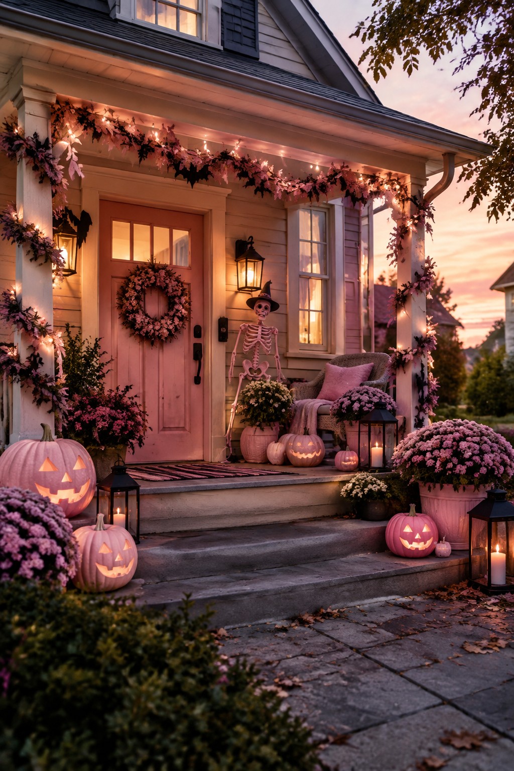 Front porch with a pink skeleton wearing a witch hat seated in a chair, surrounded by pink jack o lanterns, mums, and string lights along the railing.