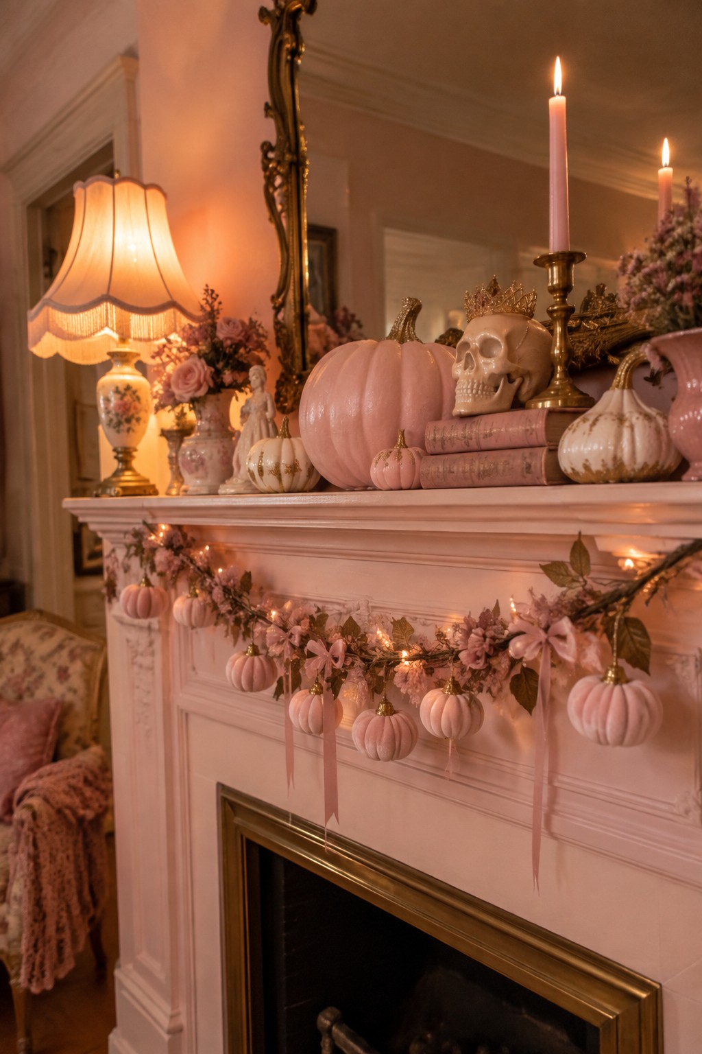 A pink fireplace mantel decorated for Halloween with pink pumpkins, a crowned skull on stacked books, lit candles, and a garland of small pink pumpkins and ribbons.