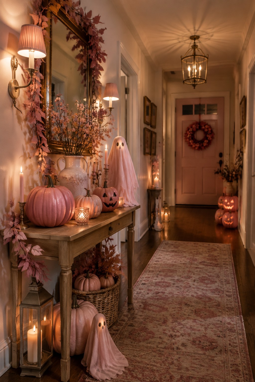 Entryway console decorated with pink fabric ghosts, pink pumpkins, and lit candles along a hallway with a pink front door visible in the background.