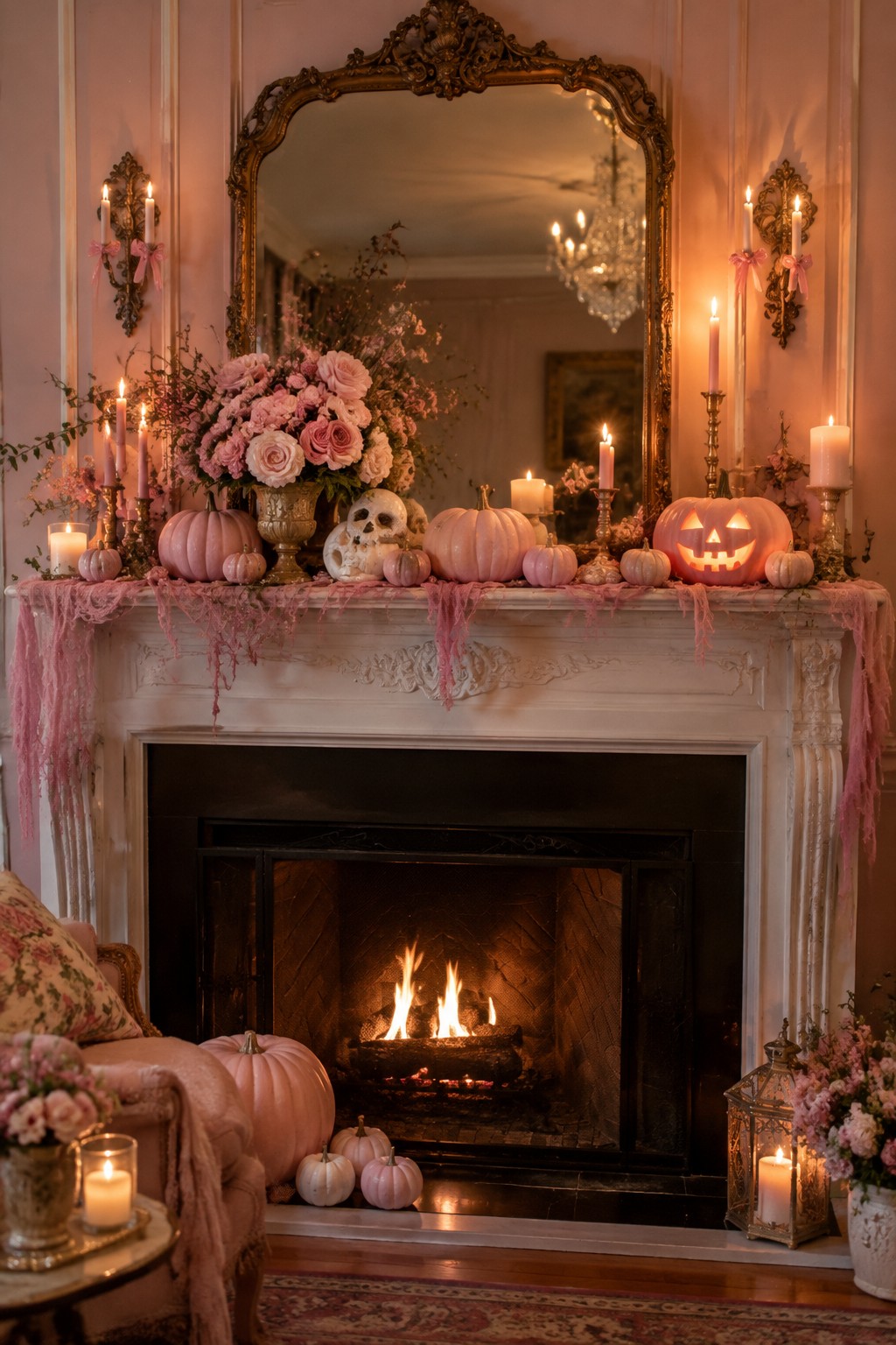 Pink pumpkins, roses, candles, and skull adorn ornate white fireplace with lit fire.