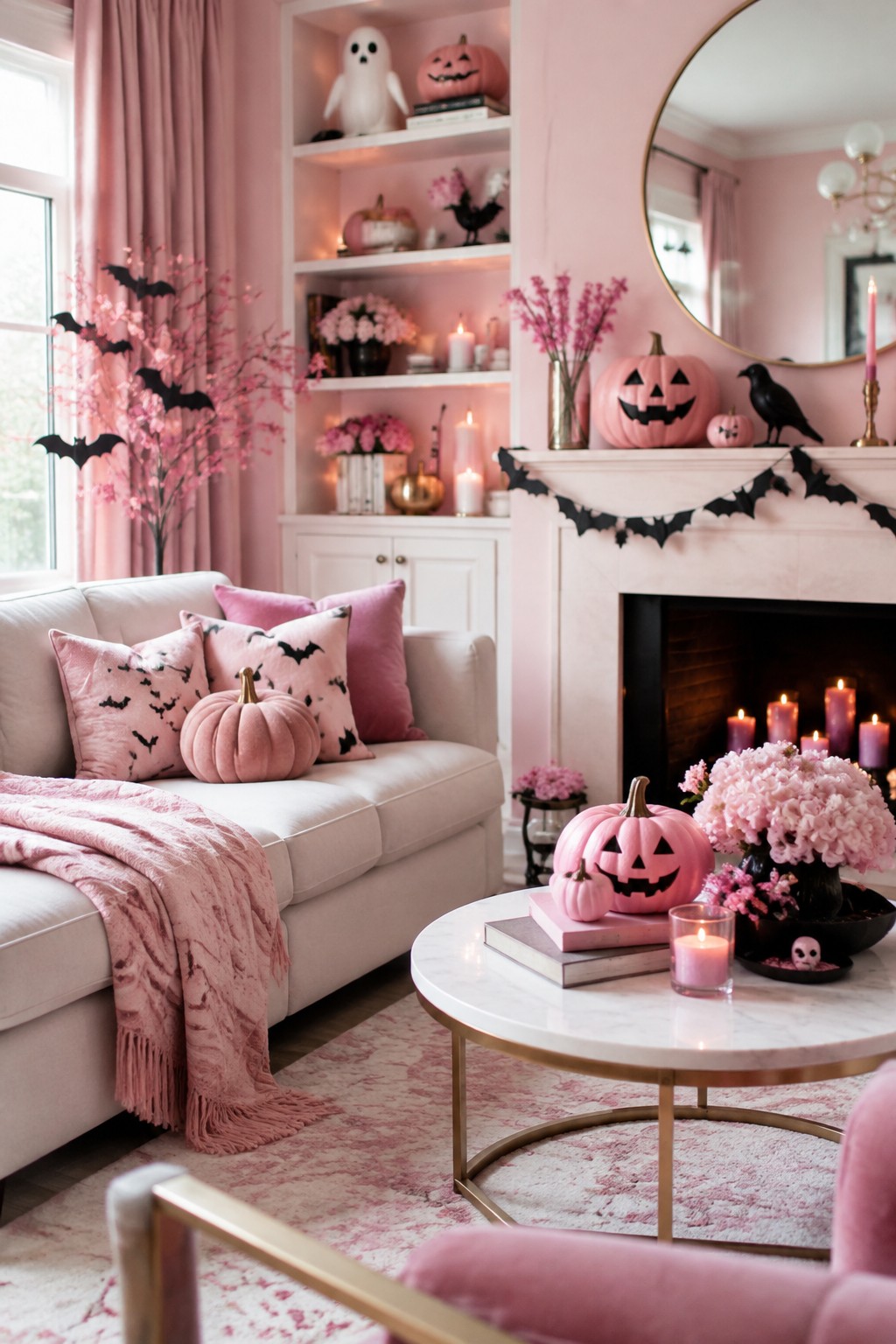 Living room mantel decorated with pink jack o lanterns, a black bat garland, black crows, and candles in a pink room.