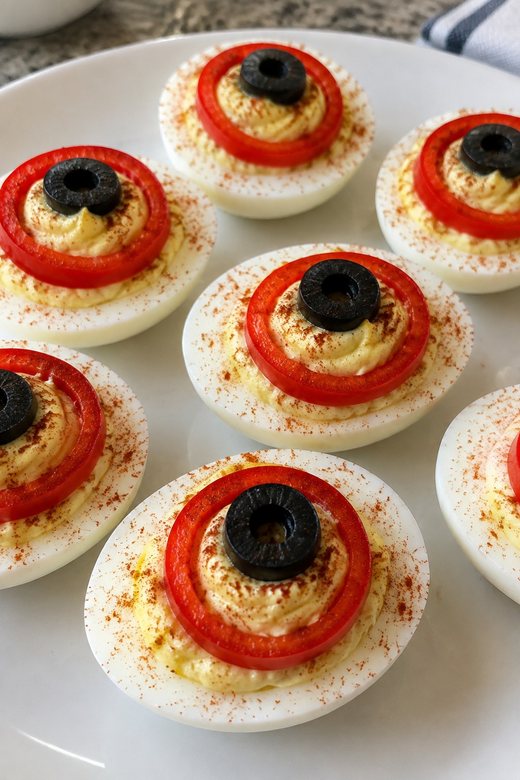 Bloody Eyeball Deviled Eggs with Red Pepper Rings