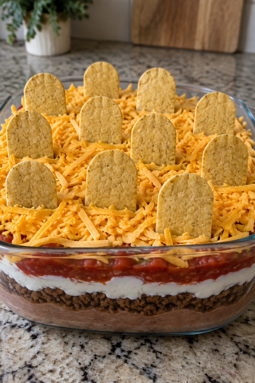 Graveyard Taco Dip with Tombstone Chips