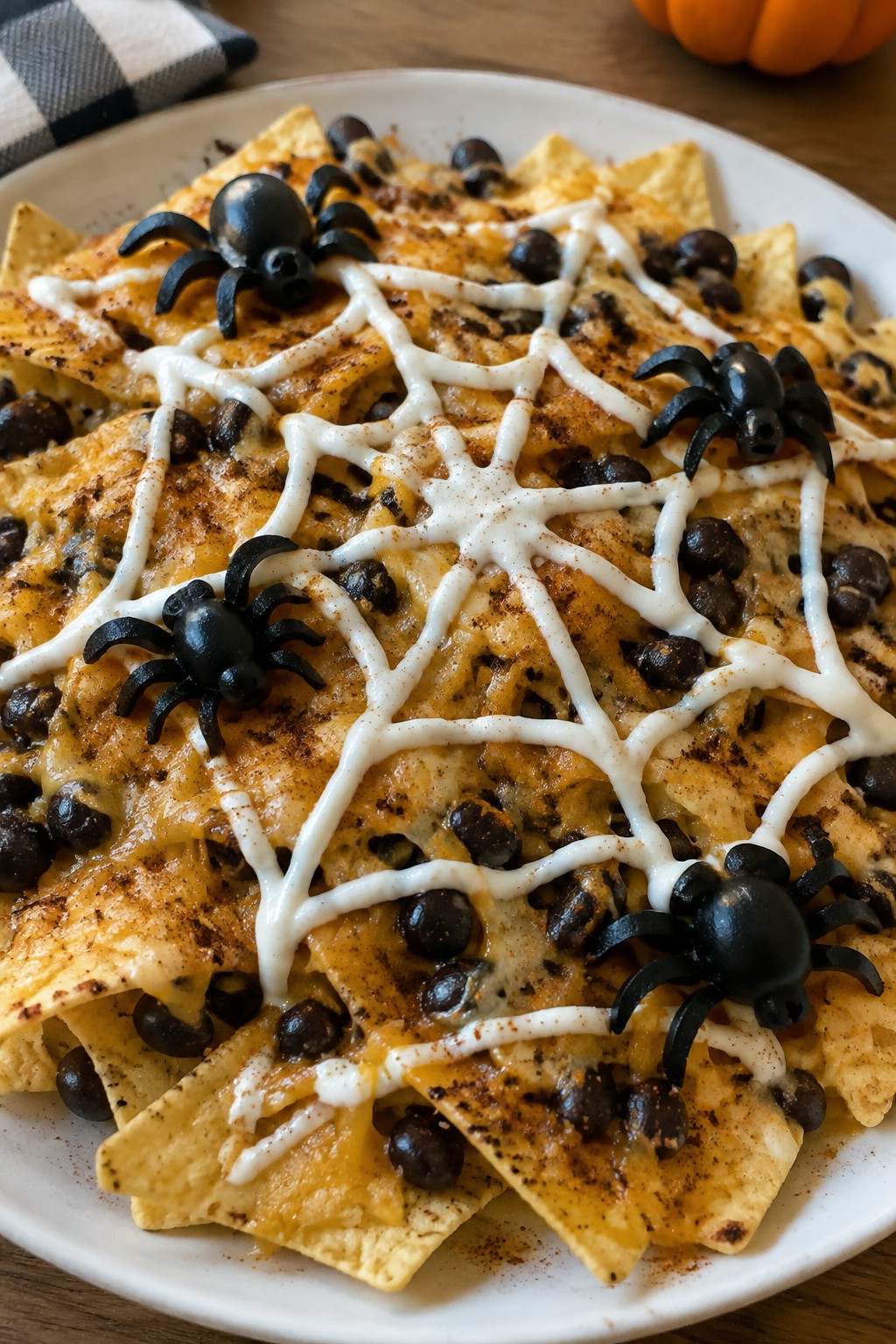 Spiderweb Black Bean Nachos with Olive Spiders