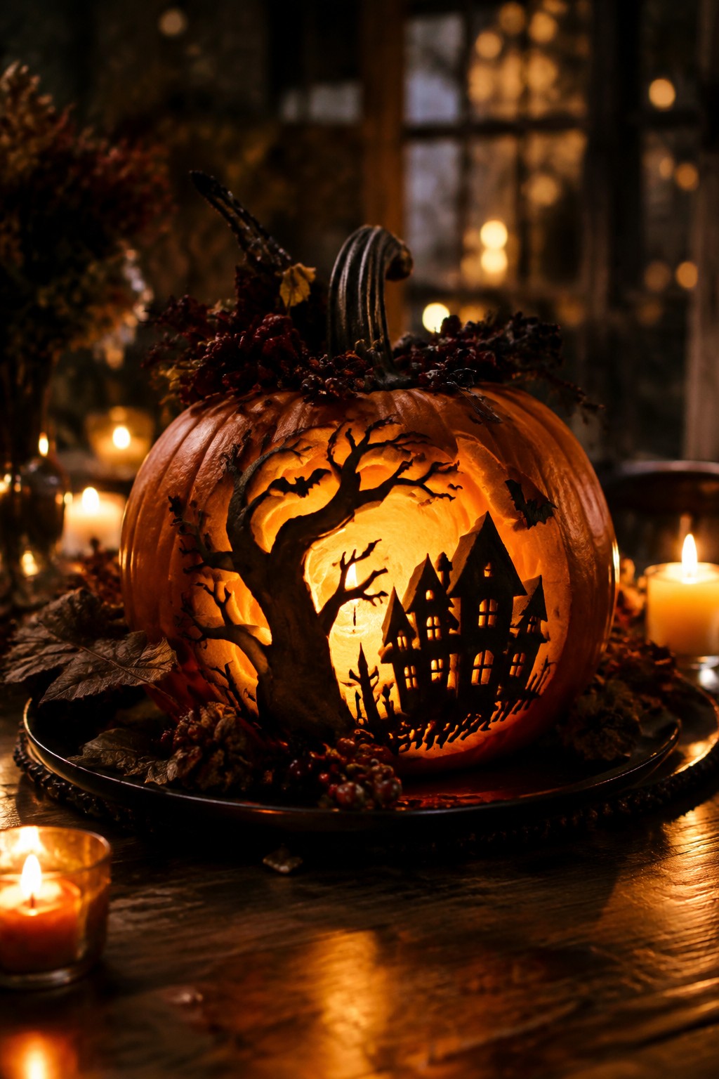 Carved pumpkin showing a haunted house, tree, and bats lit from inside on a wooden table with candles and autumn accents.