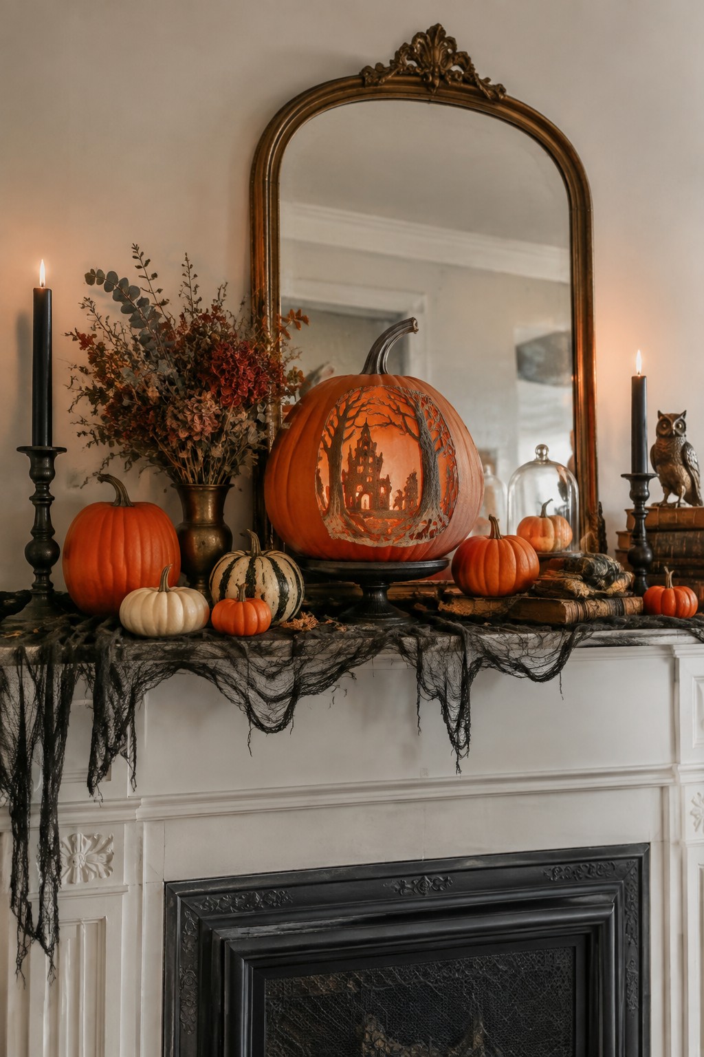Mantel with a large carved pumpkin showing a haunted house and trees, flanked by smaller pumpkins and black candles.
