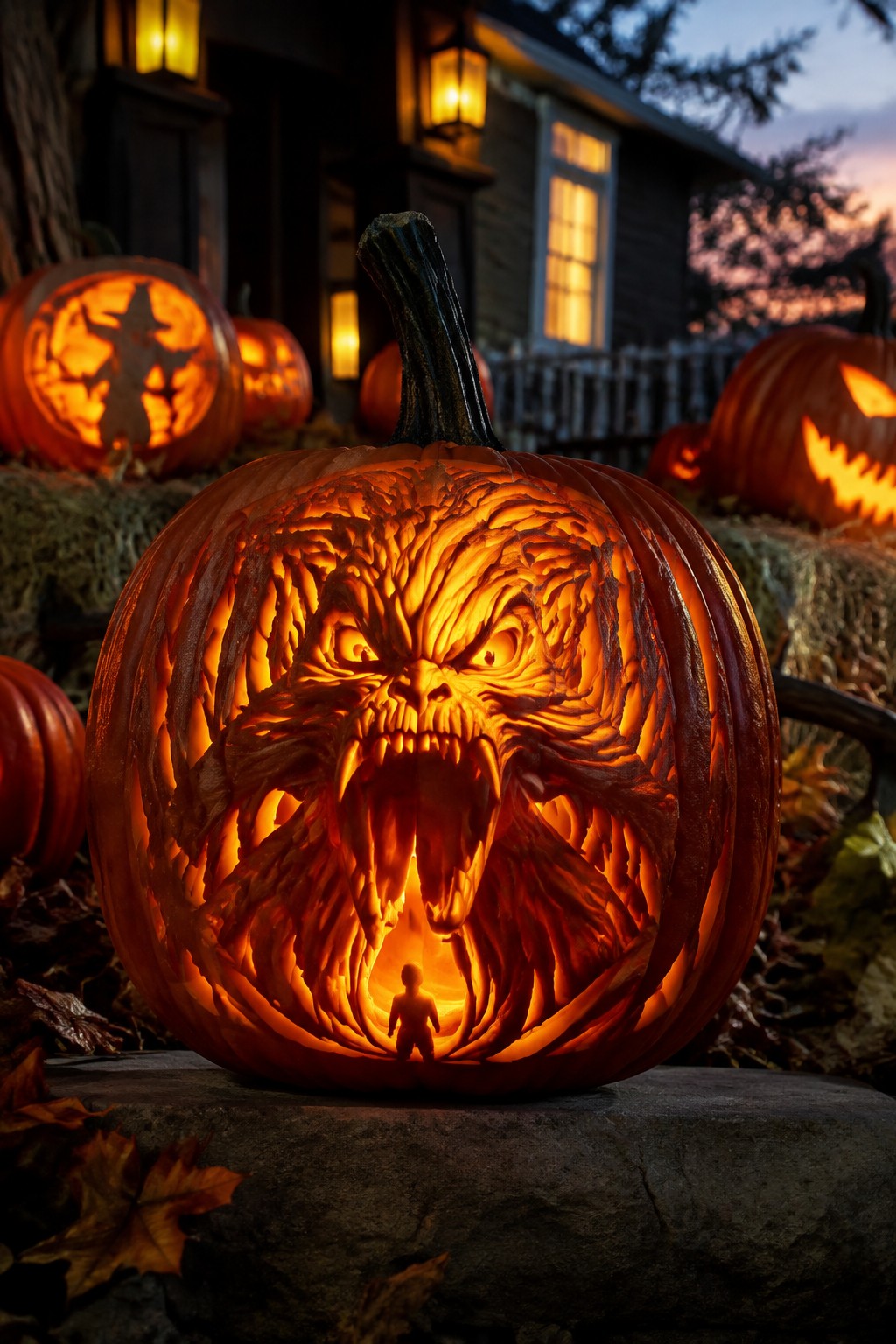 Glowing jack-o'-lantern intricately carved as fierce monster with tiny figure inside