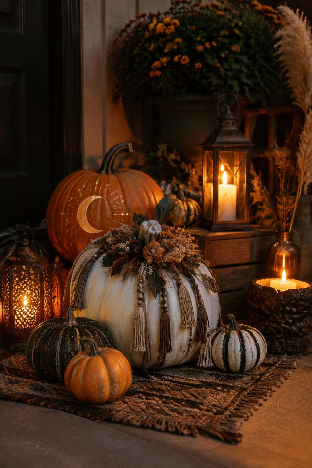 Front porch display featuring an orange pumpkin carved with a crescent moon and rays, a white pumpkin with dried floral crown and tassels, smaller striped pumpkins, and glowing lanterns on a woven mat.