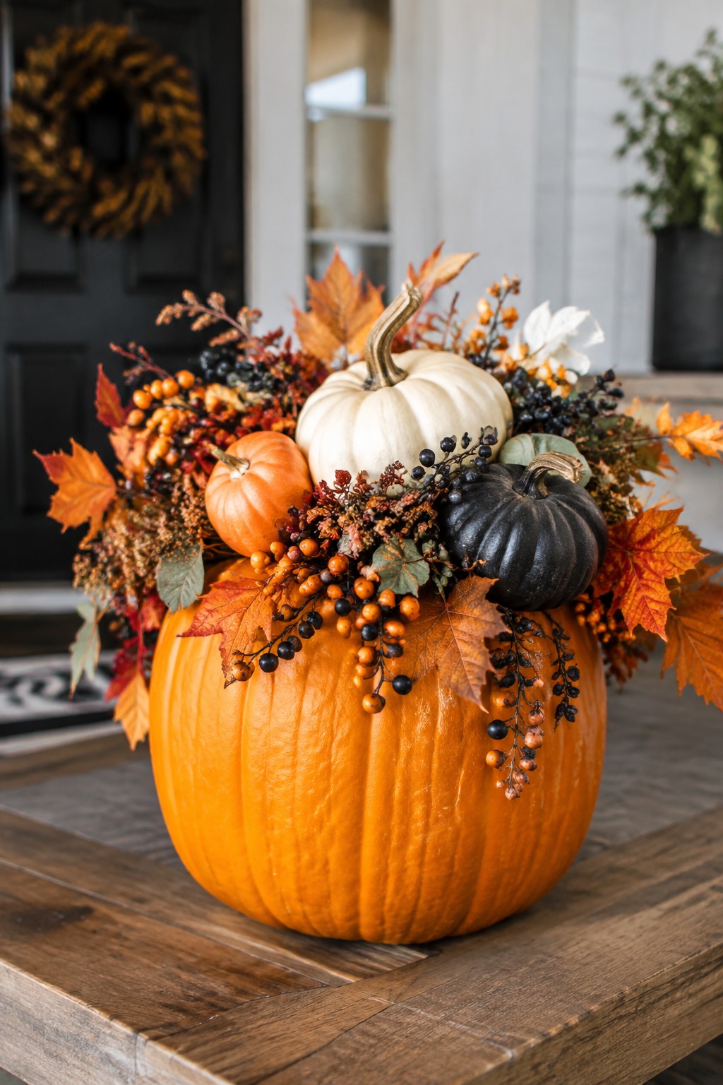 Large orange pumpkin holding smaller white, orange, and black pumpkins with berry stems on a wooden table.