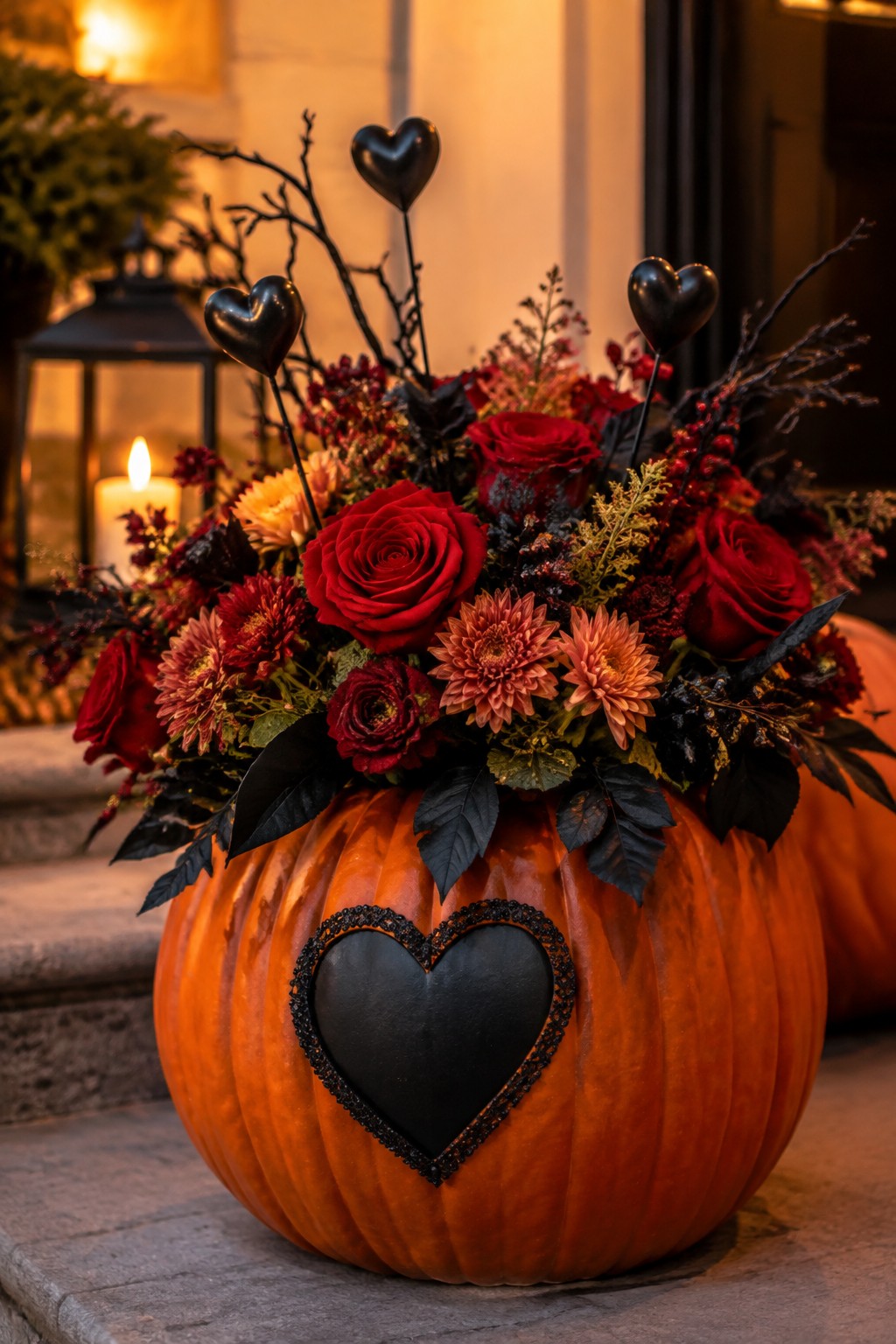 Large orange pumpkin used as a vase filled with red roses, orange dahlias, dark leaves, and black branches, with a black heart plaque on the front.
