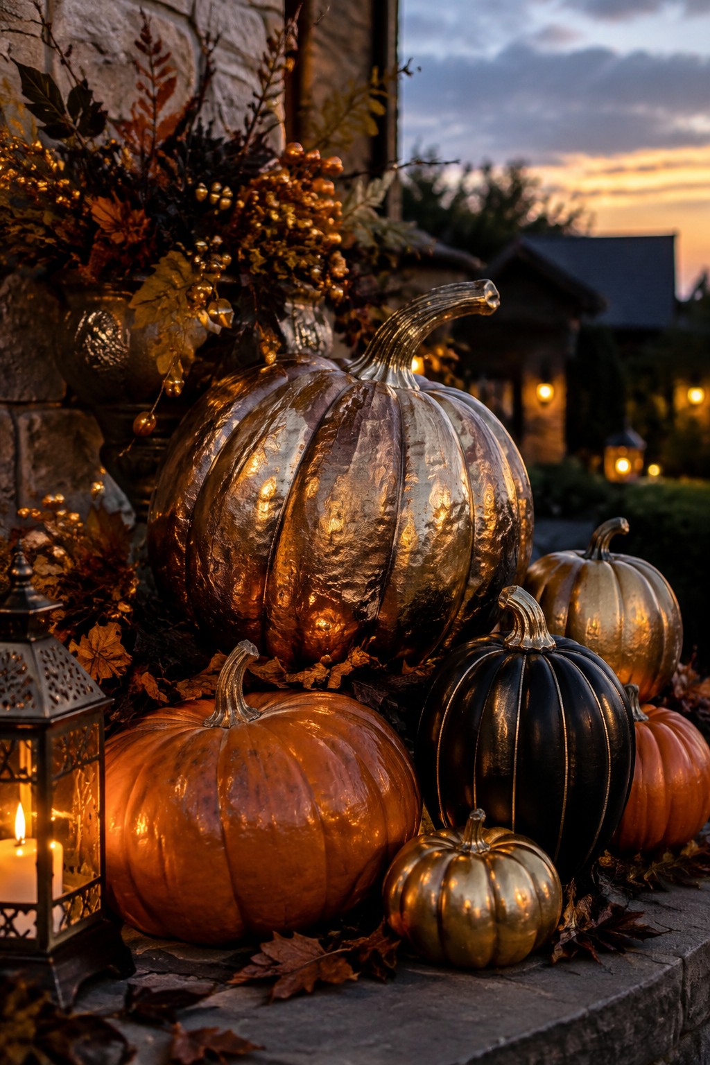 Metallic gold, black, and orange pumpkins clustered on stone steps beside a lit lantern and autumn foliage.