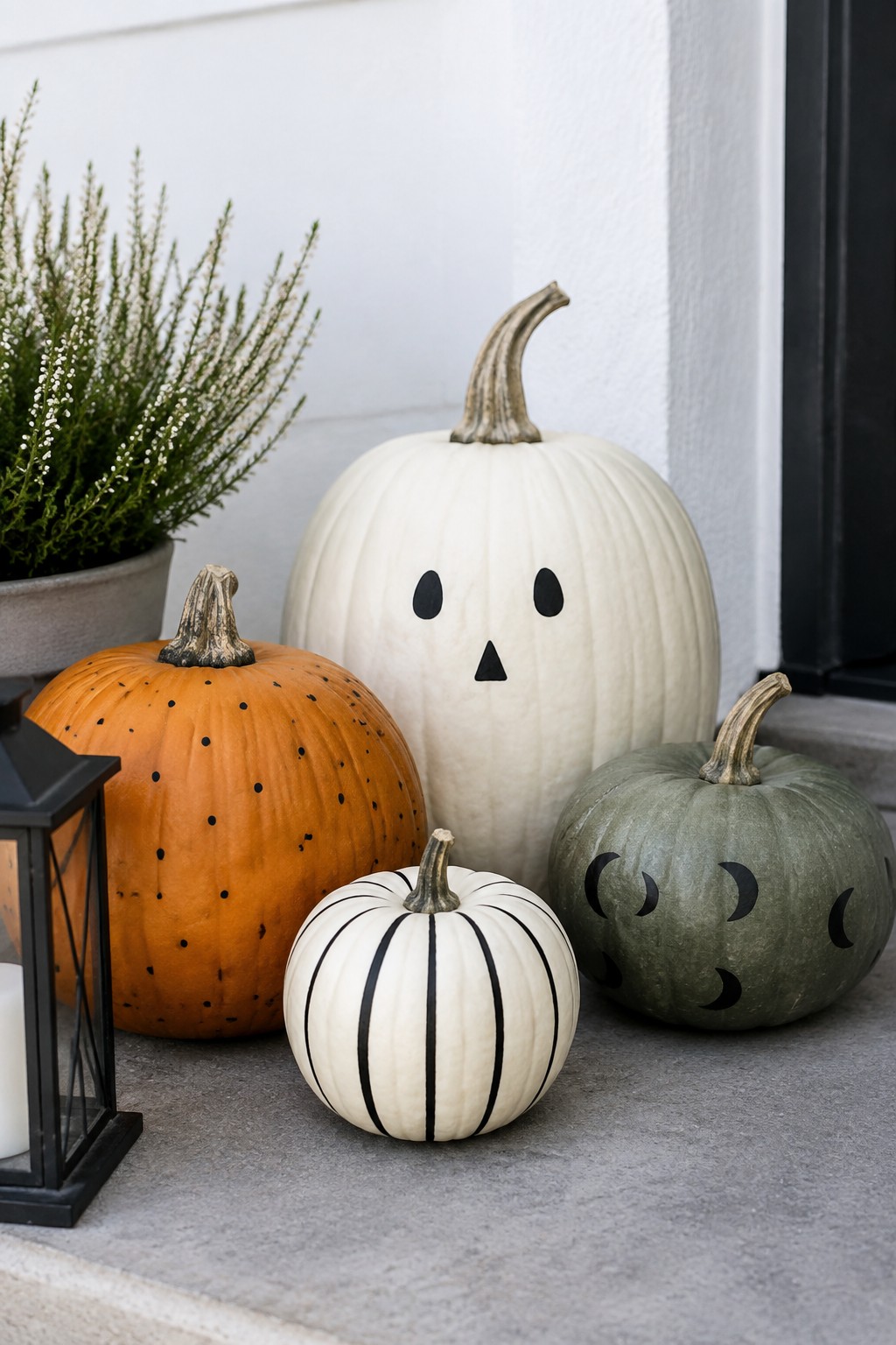 Front porch display of four pumpkins painted with a ghost face, black dots, stripes, and moon shapes next to a potted plant and lantern.