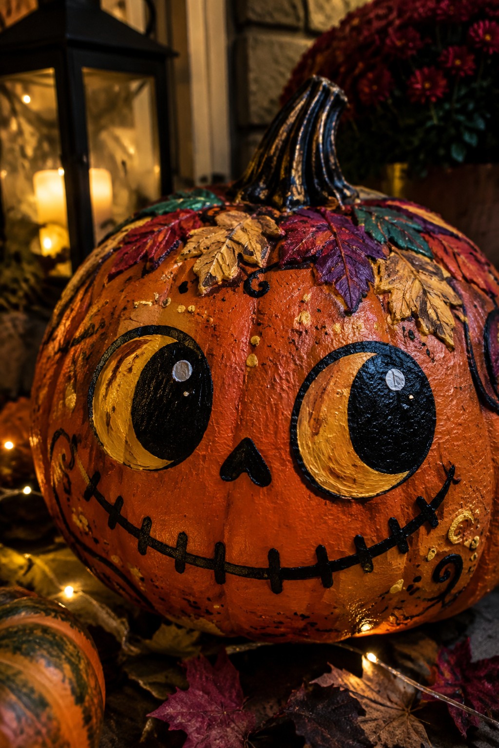 Large orange pumpkin with painted black eyes containing yellow moons, a stitched mouth, heart nose, and colorful autumn leaves around the stem.