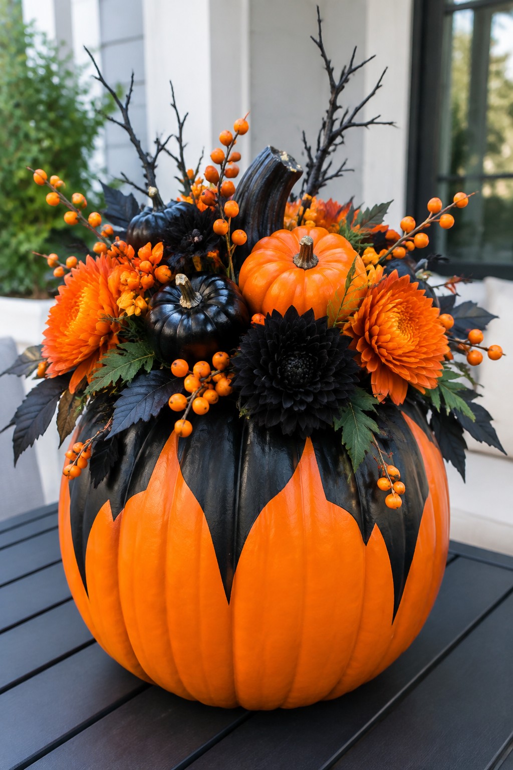 Painted orange pumpkin with black accents, orange flowers, black dahlias, and berries on table