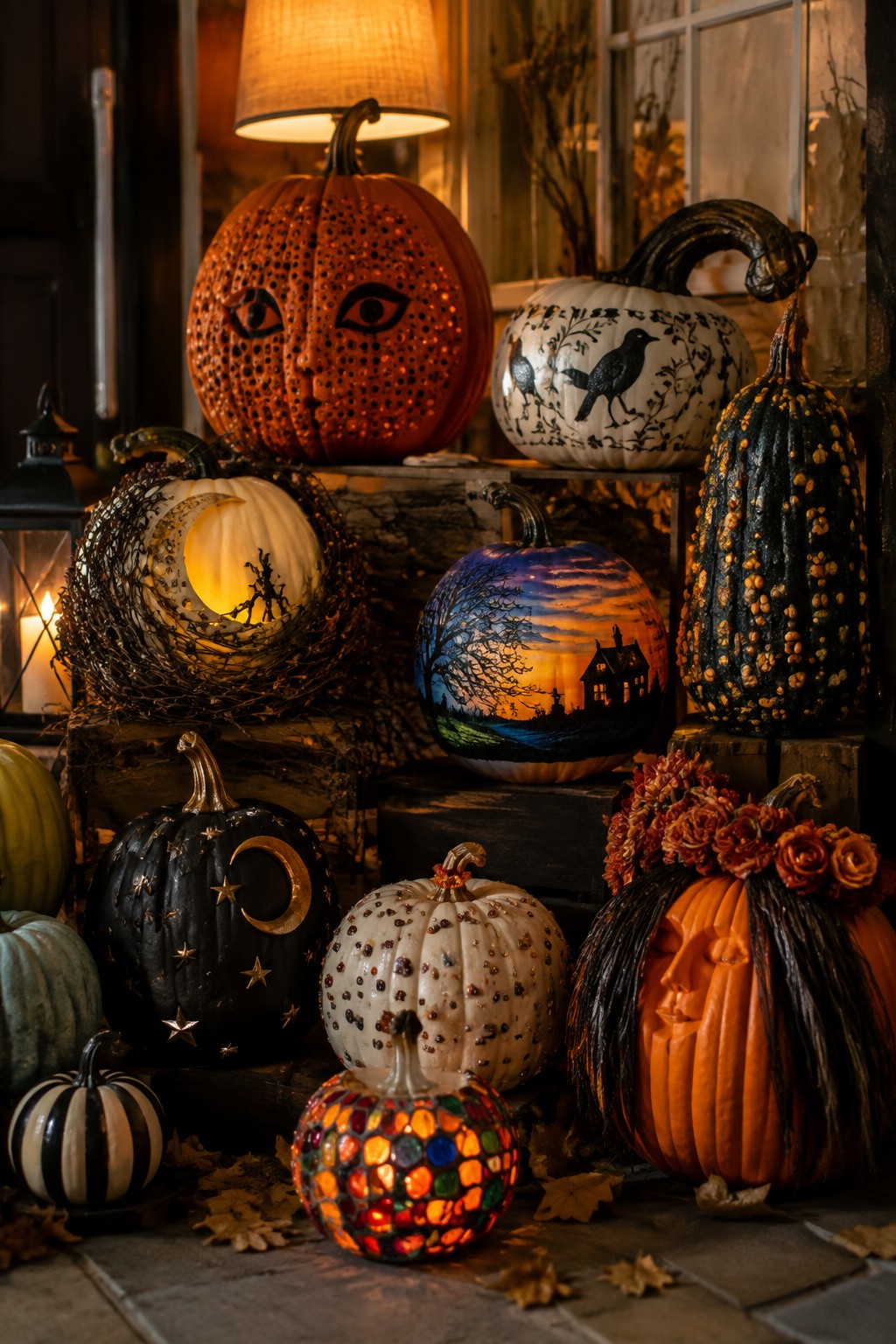 Front porch display of carved and painted pumpkins arranged on wooden crates, including a face with drilled eyes, a painted sunset scene, a moon silhouette, and a colorful mosaic lit pumpkin.
