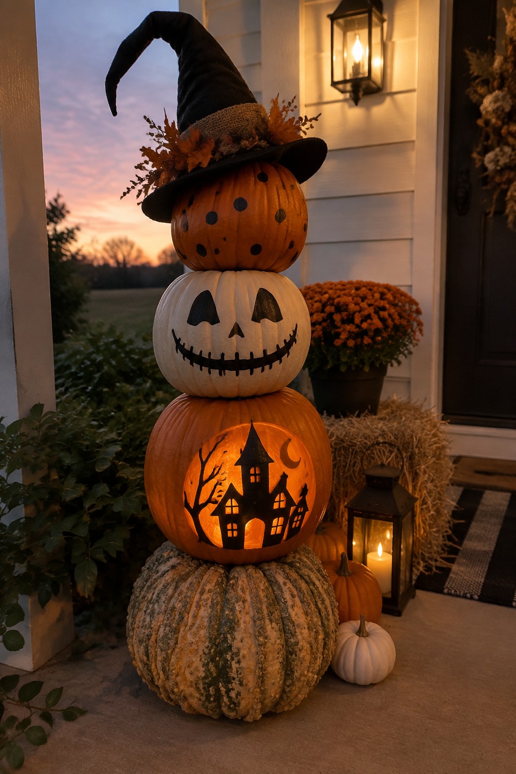 Stacked pumpkins topped with witch hat and glowing haunted house carving on porch