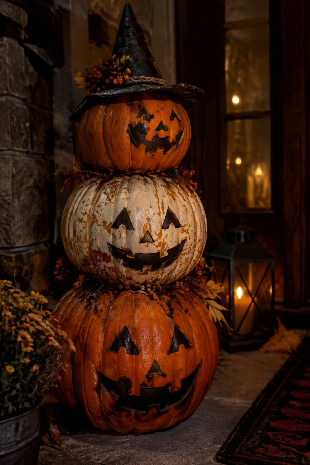 Three stacked jack-o'-lanterns with witch hat and autumn decorations at night doorway