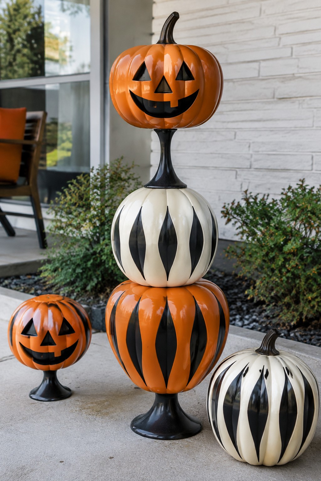Stacked orange, black, and white striped pumpkins with jack-o'-lantern faces on porch
