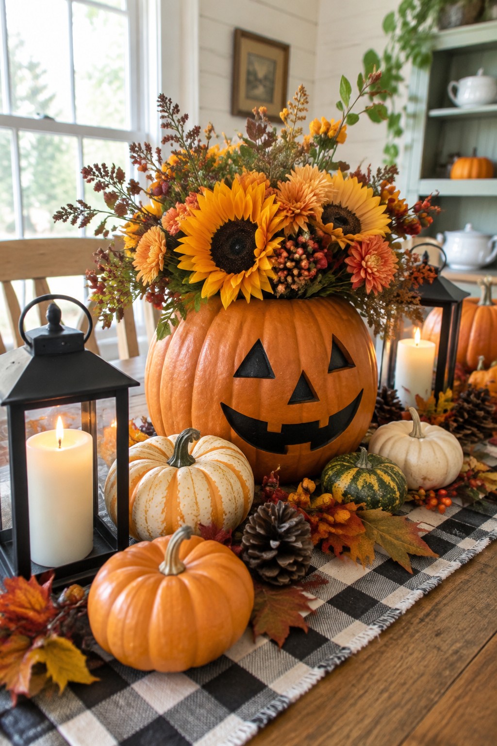 Jack-o'-lantern pumpkin holding sunflowers amid small gourds, lanterns, and autumn leaves on checkered runner.