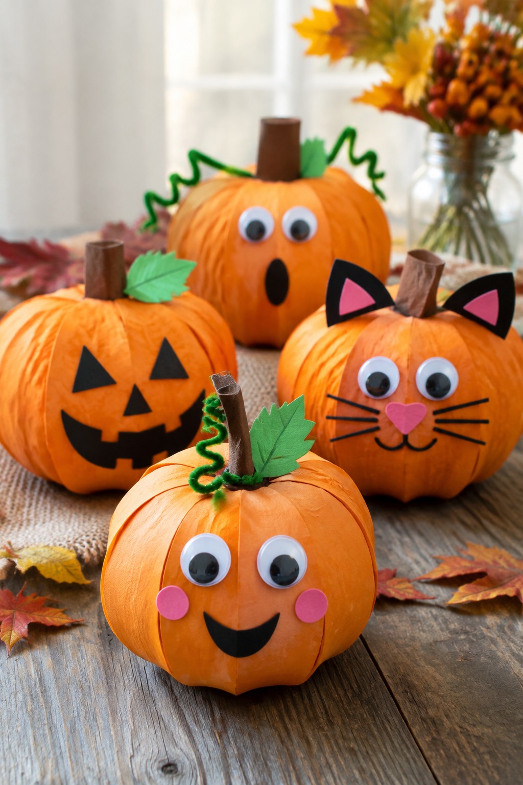 Four orange craft pumpkins on a wooden table, each decorated with different paper faces, googly eyes, felt ears, and pipe cleaner stems.