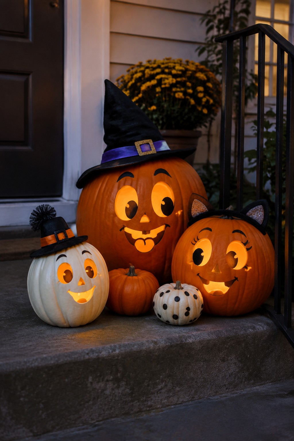 Front porch steps lined with carved pumpkins featuring glowing faces, including one wearing a witch hat and another with cat ears.