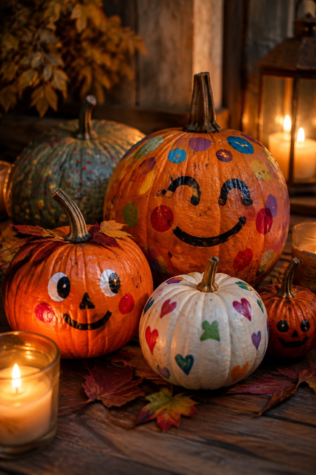 Several painted pumpkins on a wooden table showing colorful faces, polka dots, hearts, and simple designs with candles and leaves around them.
