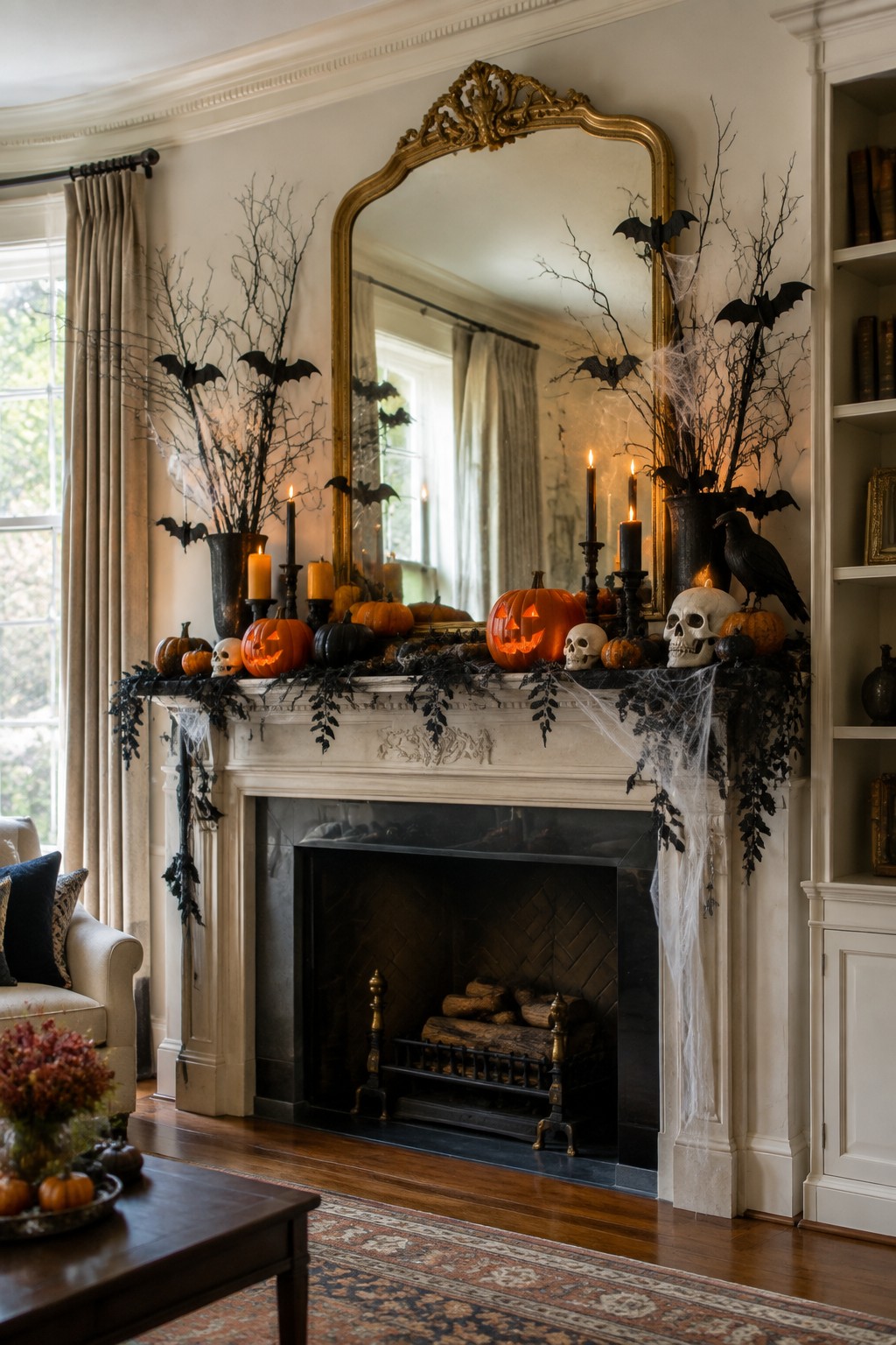Ornate fireplace mantel with Halloween pumpkins, skulls, bats, candles, and spiderwebs.