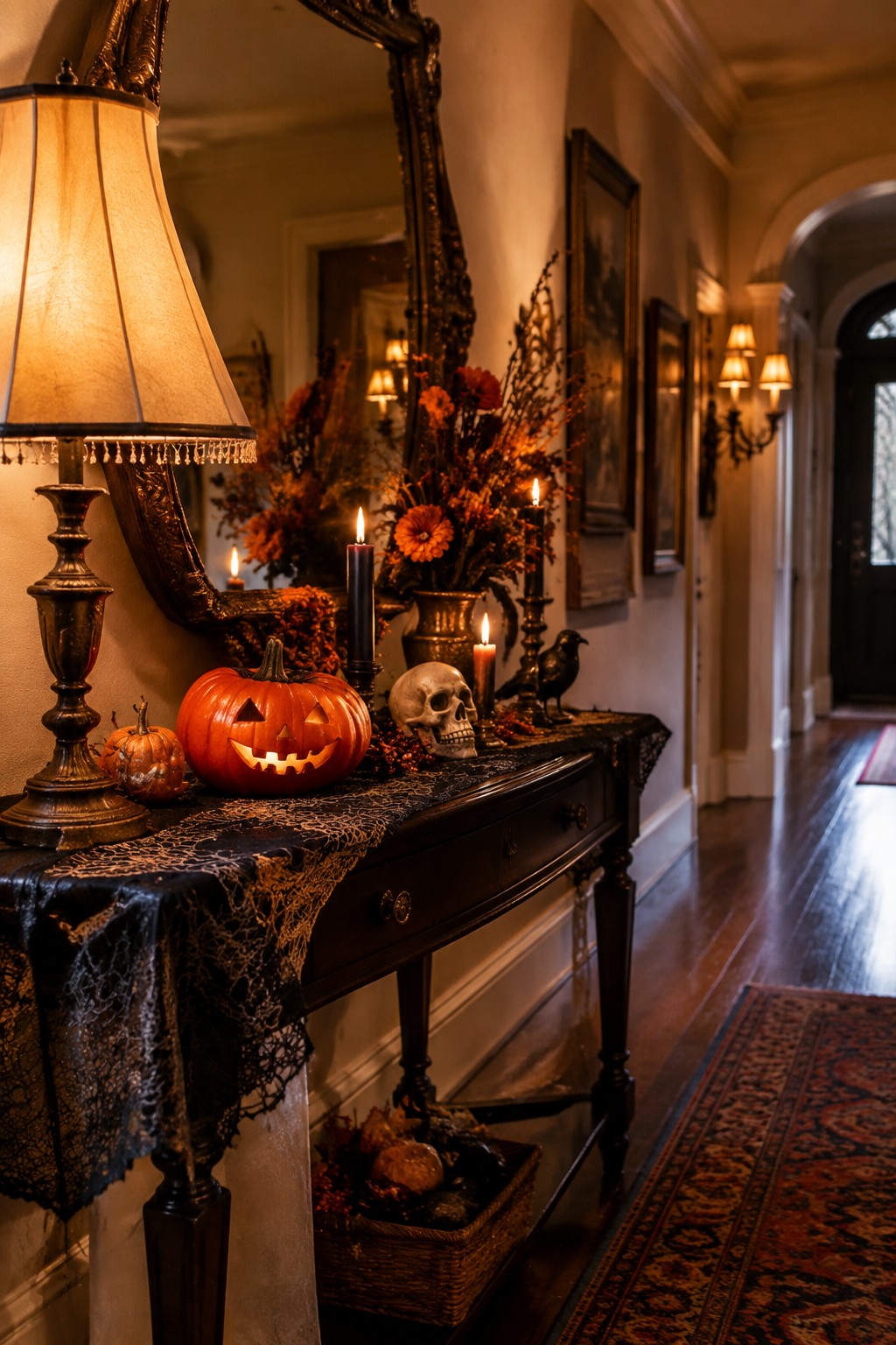 Dark wood console table in an entryway styled with a carved jack-o'-lantern, human skull, black candles, and lace runner beneath an ornate mirror.