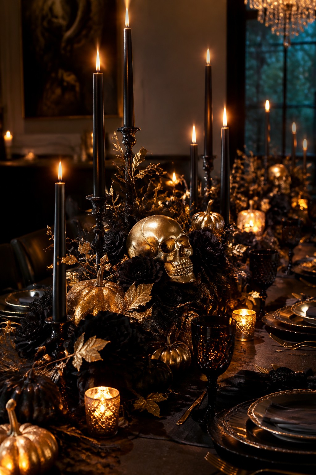 A dining table decorated with a large golden skull, black flowers, gold pumpkins, and tall black candles as a Halloween centerpiece.