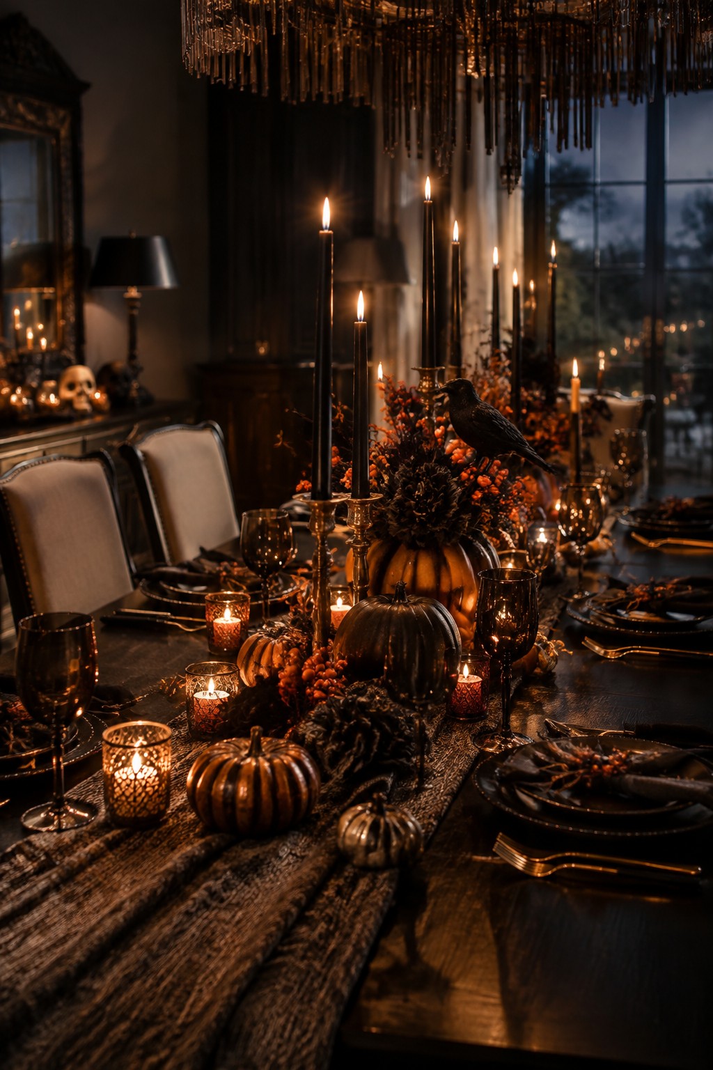 Long dining table set with tall black taper candles, black crows, dark pumpkins, and small votive candles along a textured runner.