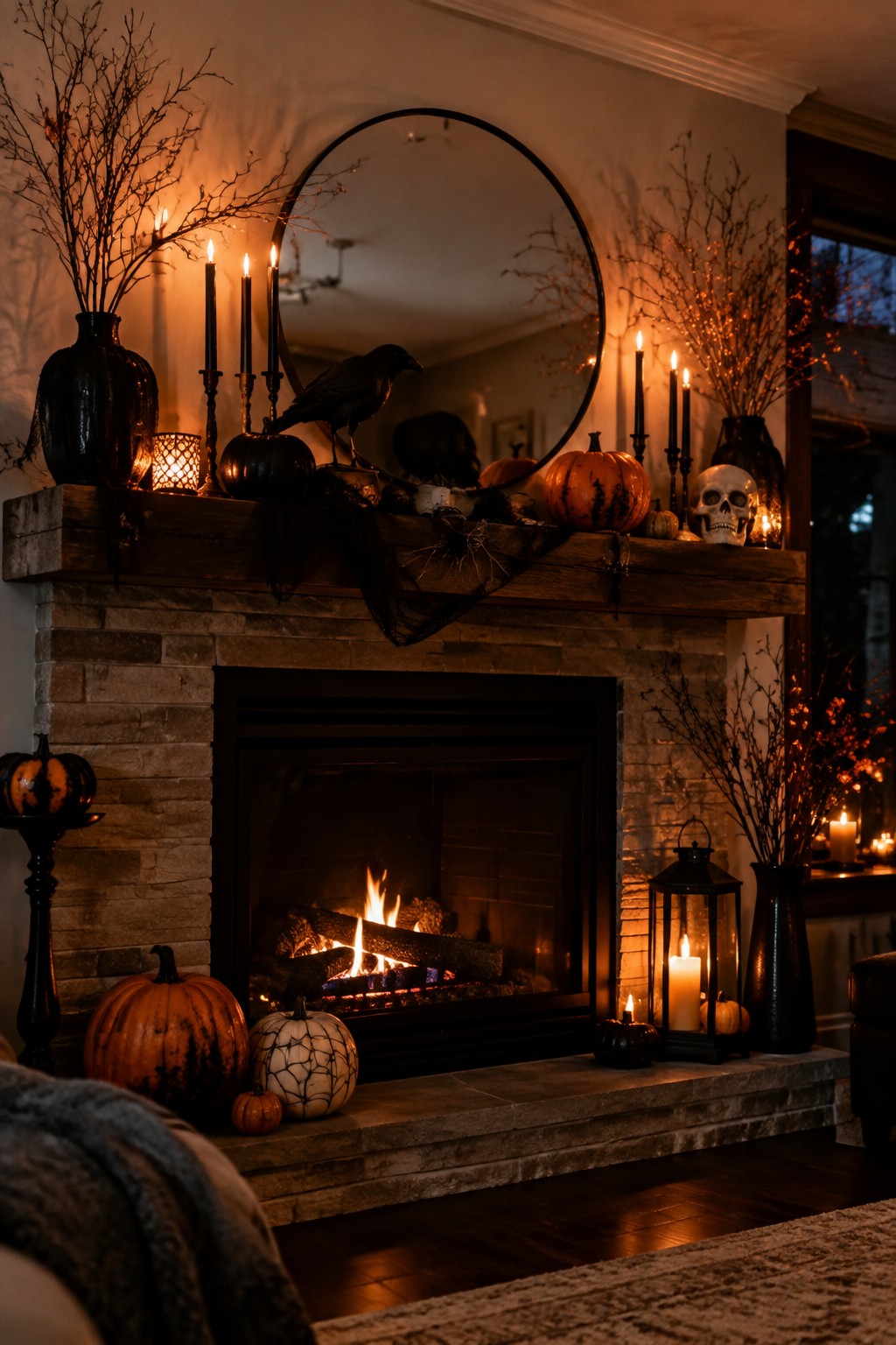 Stone fireplace mantel styled for Halloween with a black crow, skulls, black taper candles, and pumpkins arranged around a round mirror.