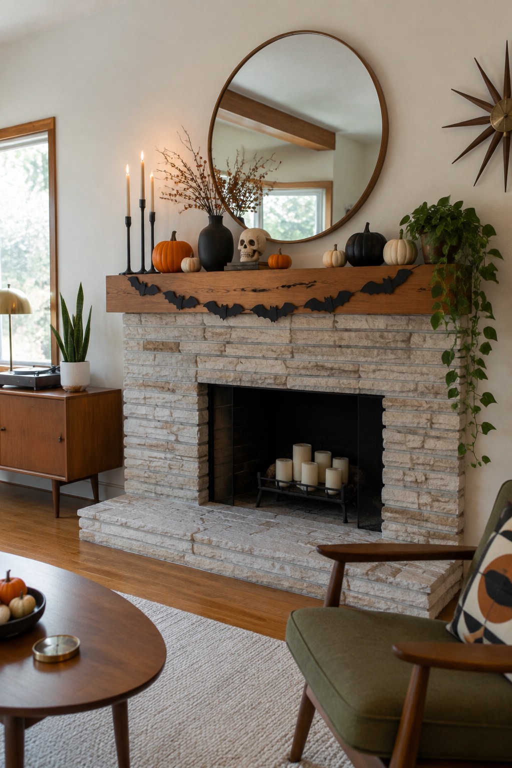 Stone fireplace with Halloween pumpkins, skull, candles, and bat garland under round mirror