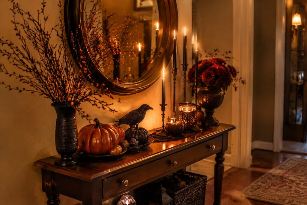 Dark console table with pumpkins, candles, black raven, skull, and autumn foliage under mirror.